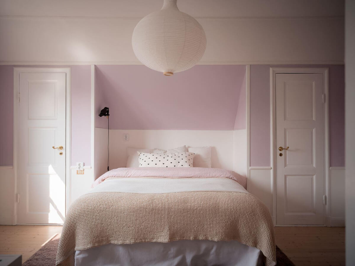 A Floral Painted Ceiling in a 1920s Family Home in Sweden 28 bedroom light purple walls built-in wardrobes