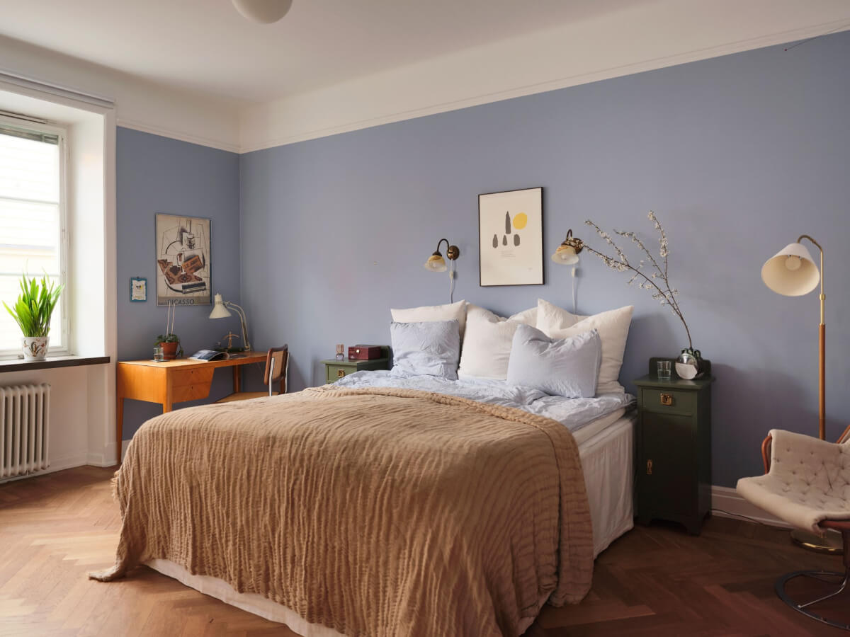 An Early 20th Century Apartment with a Muted Green Kitchen 15 blue bedroom vintage desk