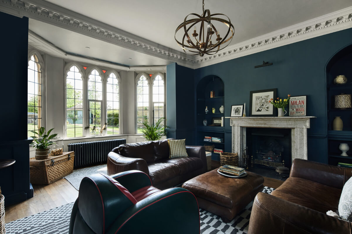 Unique Rooms and Historic Splendor in a Medieval English Country House 8 blue sitting room bay window