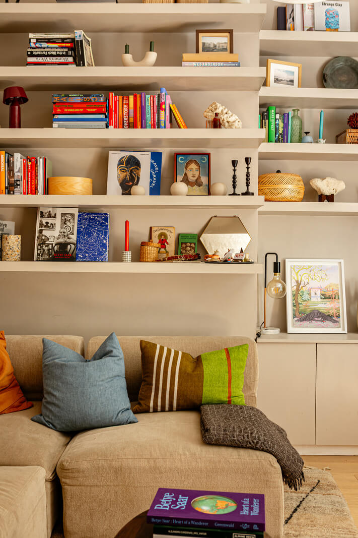 Muted Gray Tones and Built-In Storage in a London Apartment 3 bookshelves muted gray walls