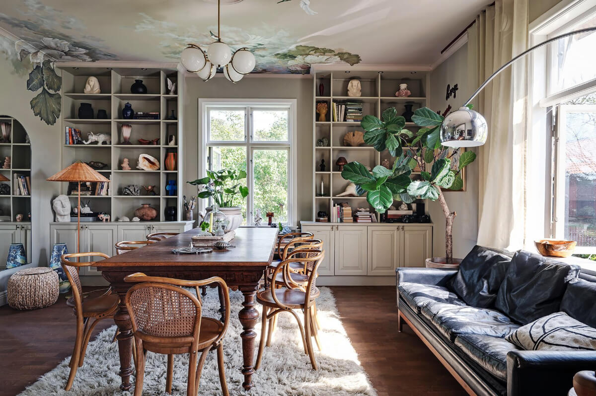 27 Statement Ceiling Ideas That Will Spruce Up Any Room 9 dining room built-in bookcases painted ceiling