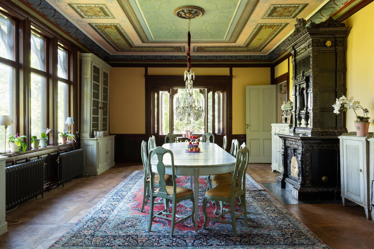 A Grand Historical Swedish Villa with Views of a Royal Castle 1 dining room painted ceiling