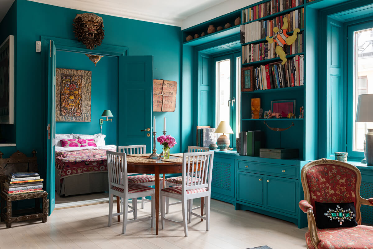 Bold Teal Walls and Antiques in a Turn-of-the-Century Apartment 14 double doors to bedroom