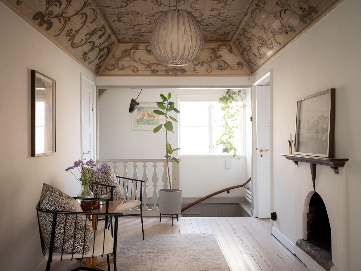 A Floral Painted Ceiling in a 1920s Family Home in Sweden 22 first floor landing with painted wooden ceiling