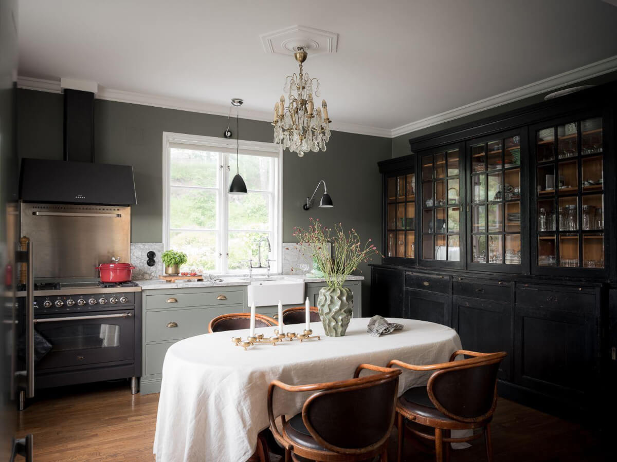 A Floral Painted Ceiling in a 1920s Family Home in Sweden 12 gray kitchen large glass fronted cabinet