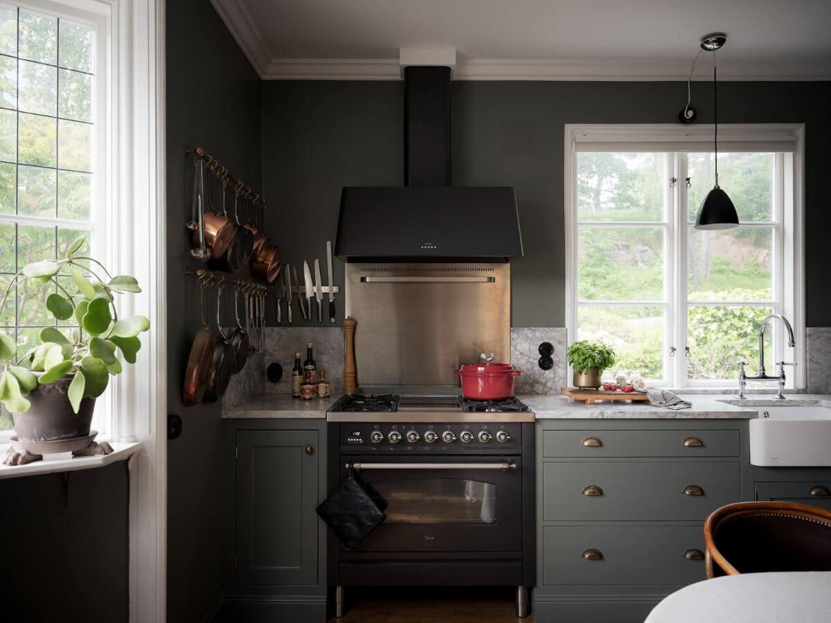 A Floral Painted Ceiling in a 1920s Family Home in Sweden 9 gray kitchen marble countertop brass fittings