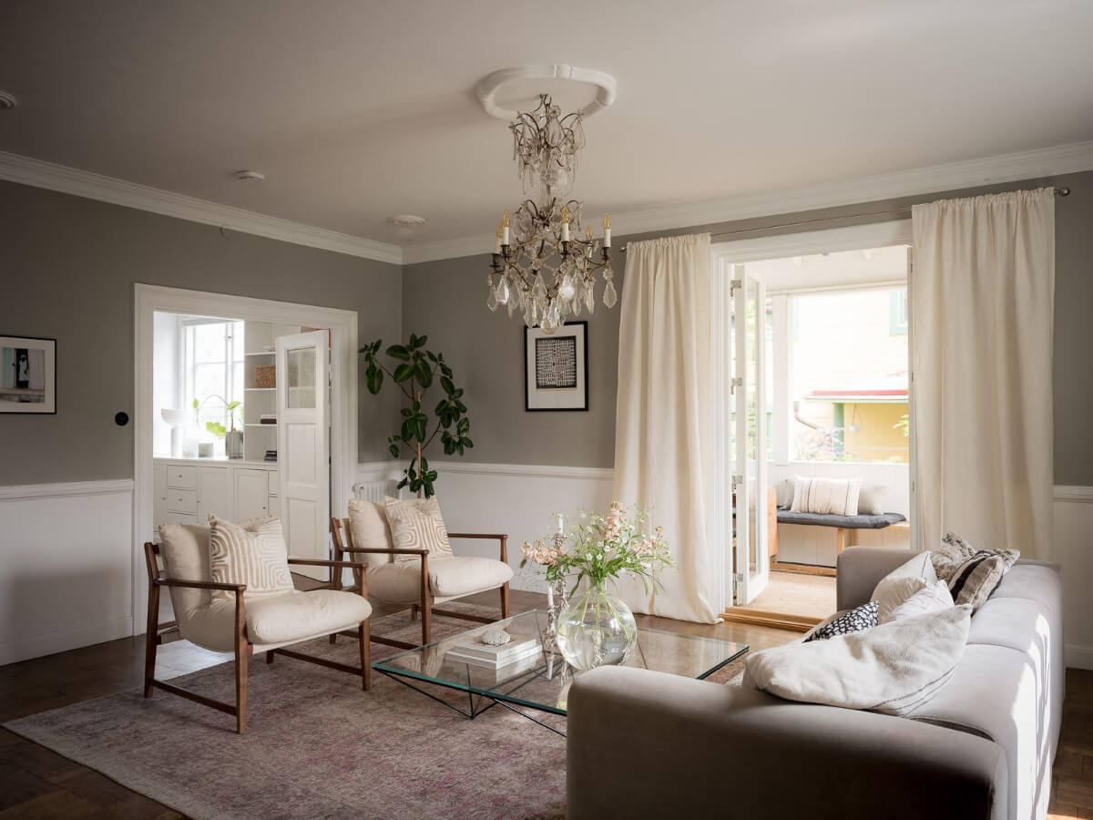 gray living room with veranda