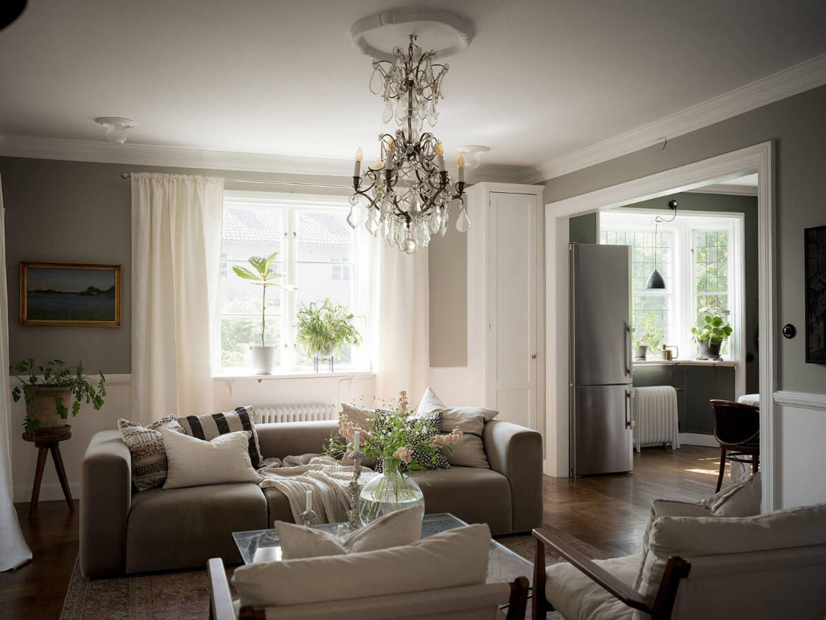 A Floral Painted Ceiling in a 1920s Family Home in Sweden 6 gray open-plan living space