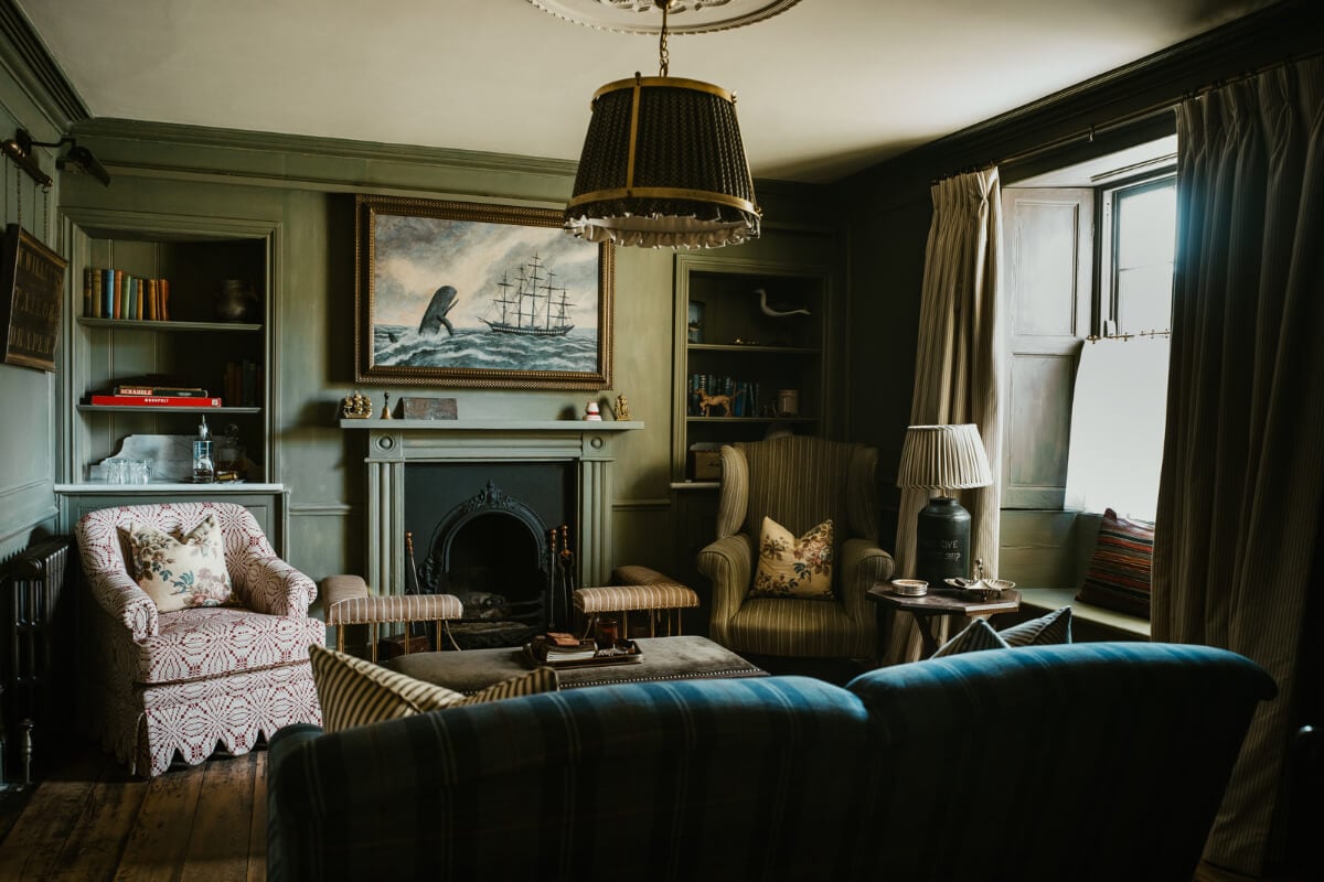 Bespoke Interiors and an Earthy Color Palette in a Historic Cottage 3 green cottage living room