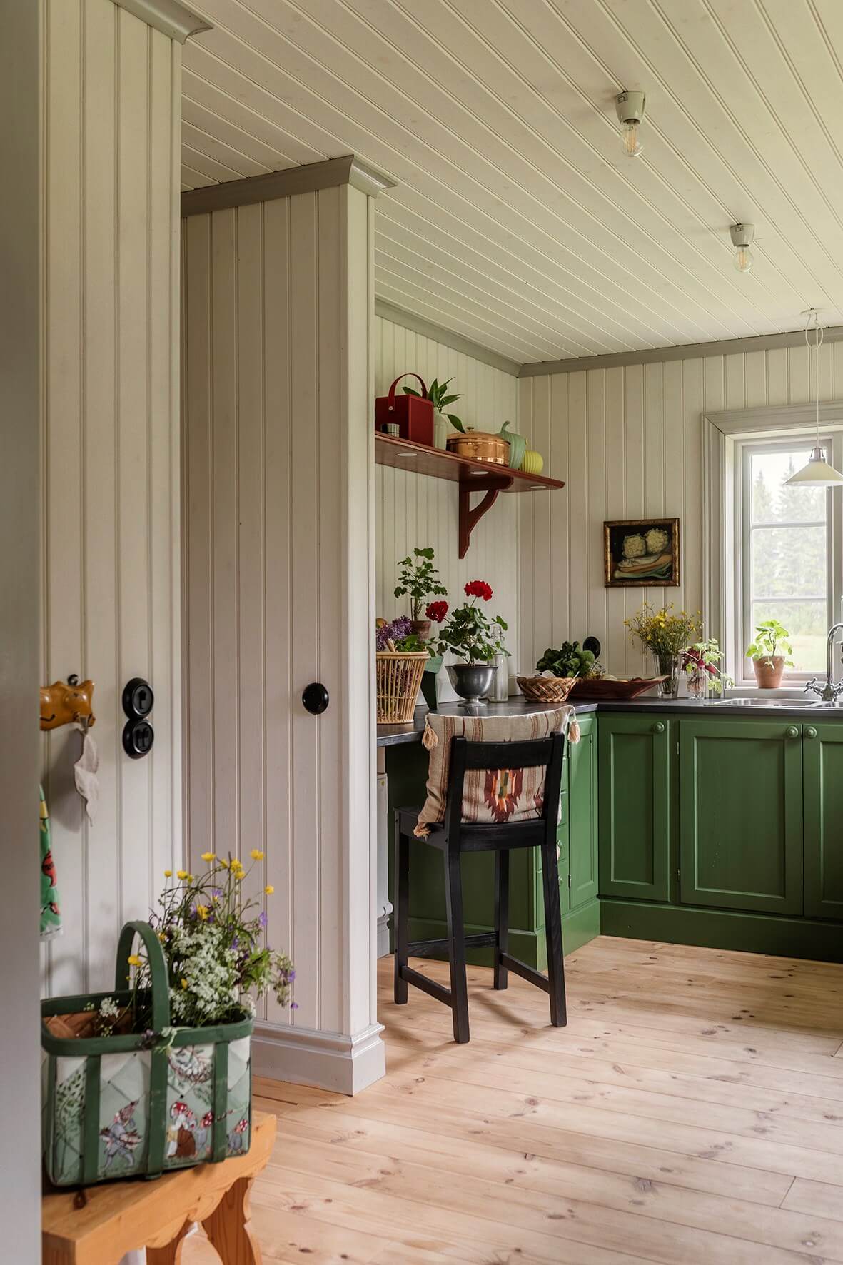 green kitchen tongue and groove paneling bar seating
