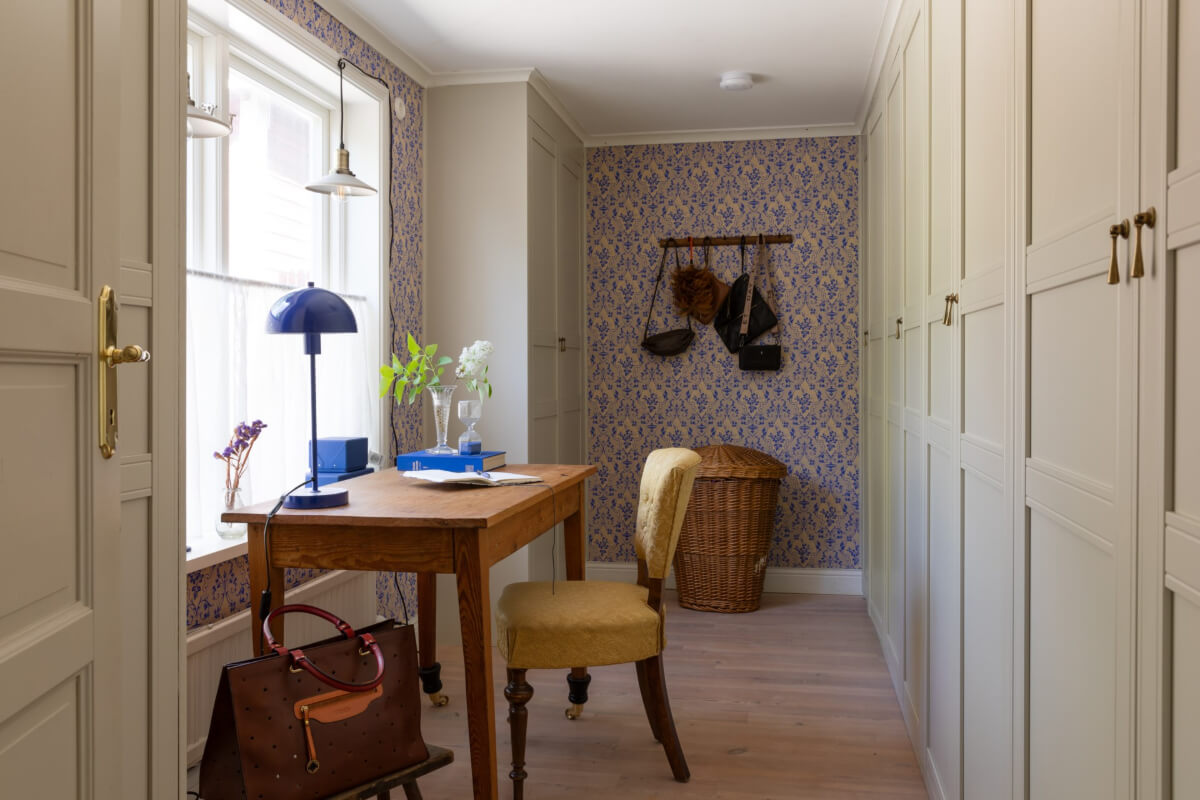 An Idyllic 18th Century Cottage with a Charming Garden 6 home office with wallpapered walls and built-in wardrobes