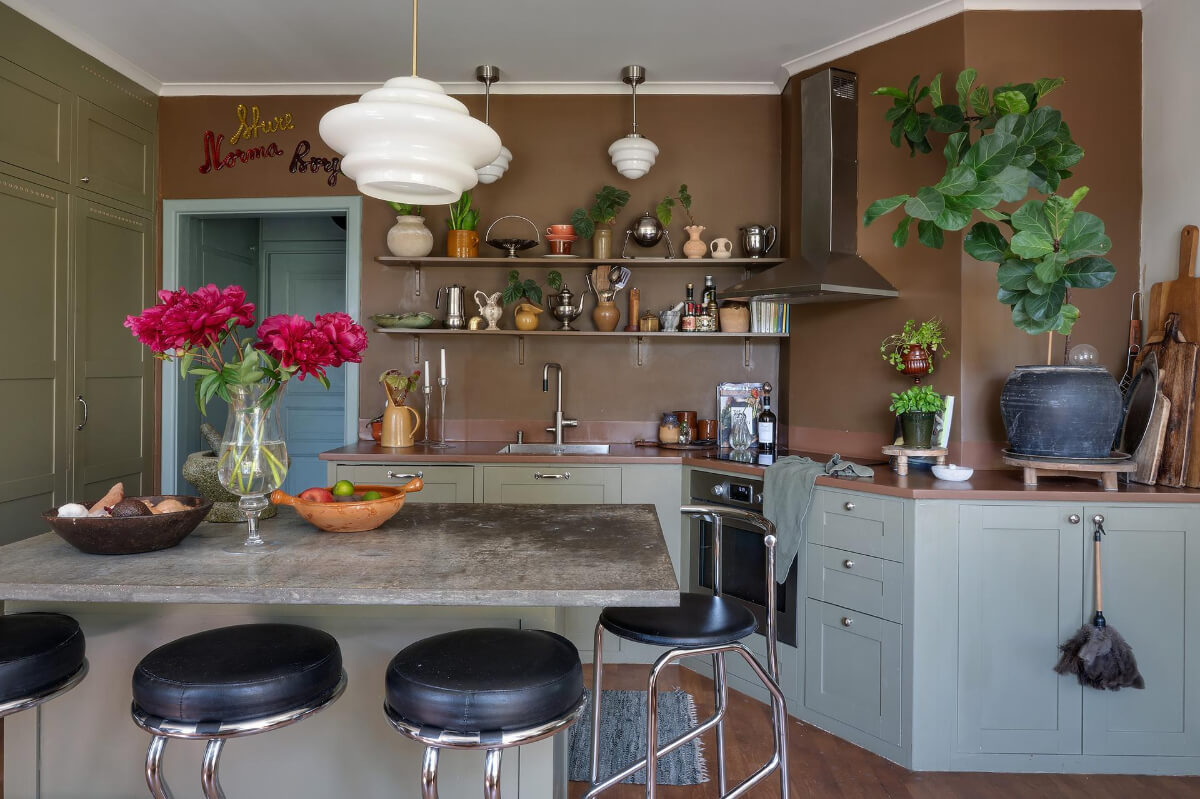 A Dining Room with a Painted Ceiling in an Early 19th Century Apartment 13 kitchen brown walls gray cabinets
