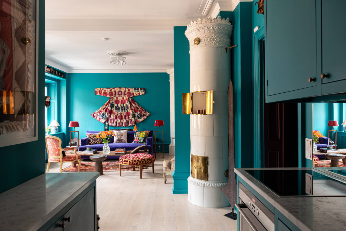 Bold Teal Walls and Antiques in a Turn-of-the-Century Apartment 10 kitchen traditional swedish fireplace