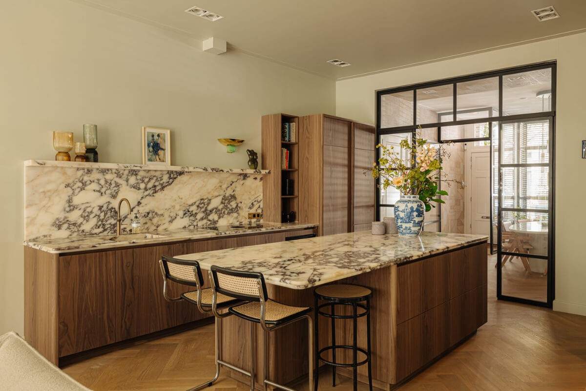 A Ground Floor Duplex Apartment with a Beautiful Modern Garden 8 kitchen walnut cabinets marble countertop