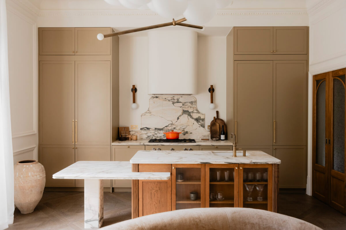 High Ceilings and Bespoke Design in a Stylish London Apartment 8 kitchen with Arabescatto Rosa marble countertop