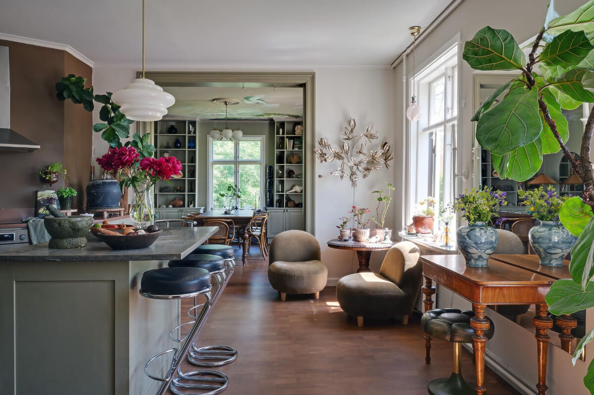 A Dining Room with a Painted Ceiling in an Early 19th Century Apartment 10 kitchen with island and small round table in the corner