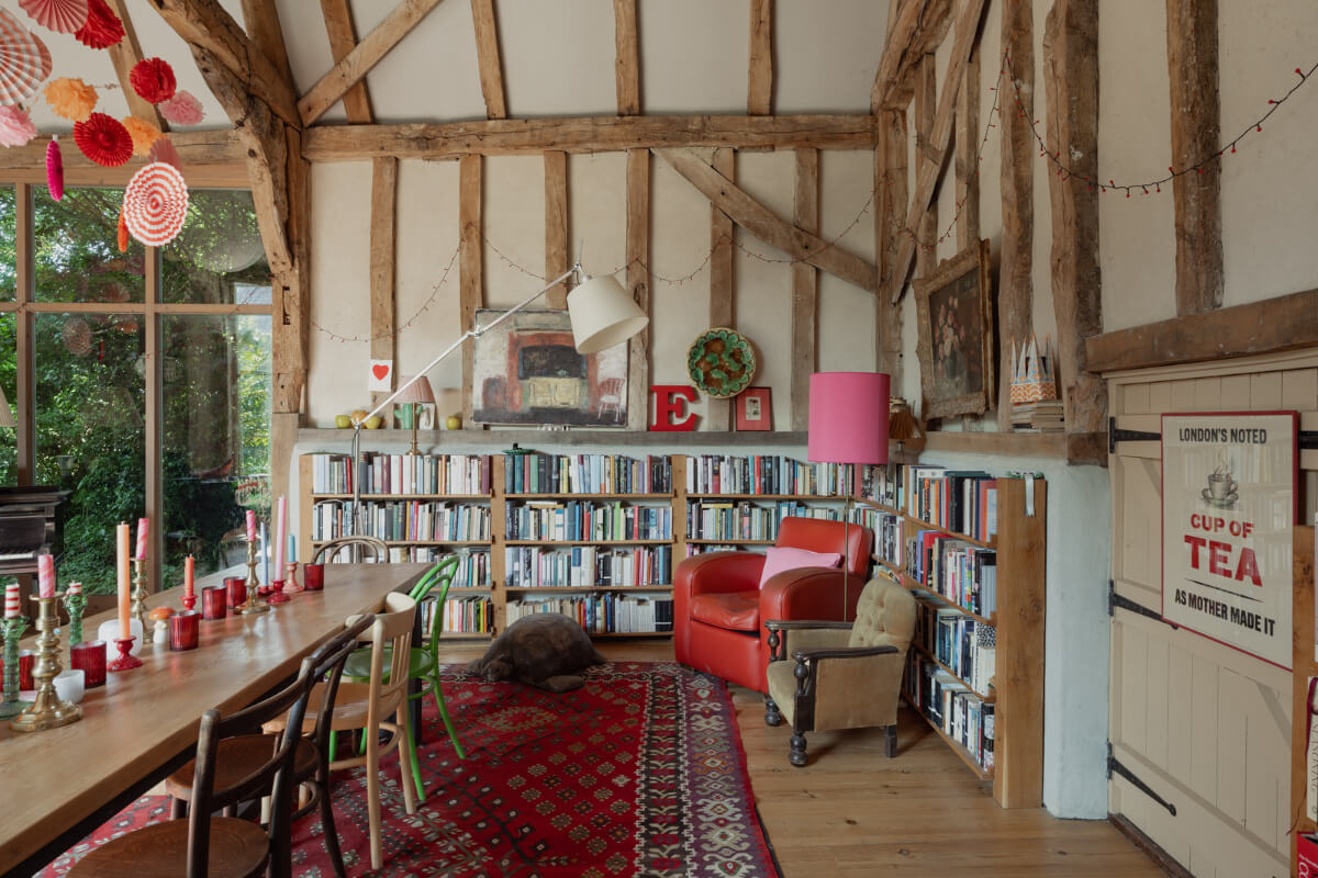 Colorful Interiors and Period Features in a 16th-Century Farmhouse 4 living space bookshelves
