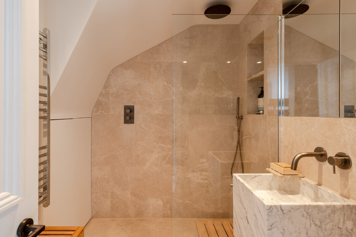 Historic Charm and Modern Design in a Light-Filled Pimlico Apartment 21 marble sink walk-in shower bathroom