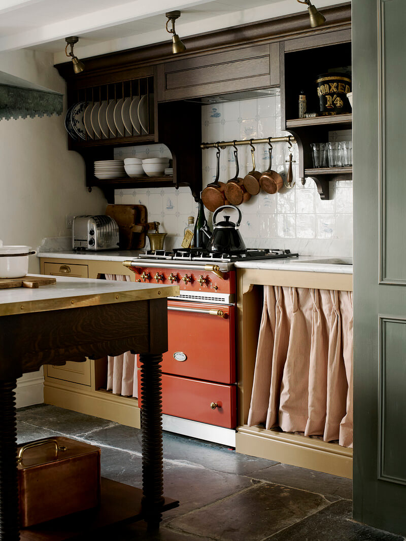 Bespoke Interiors and an Earthy Color Palette in a Historic Cottage 8 mustard kitchen cabinets lacanche range Bespoke Interiors and an Earthy Color Palette in a Historic Cottage