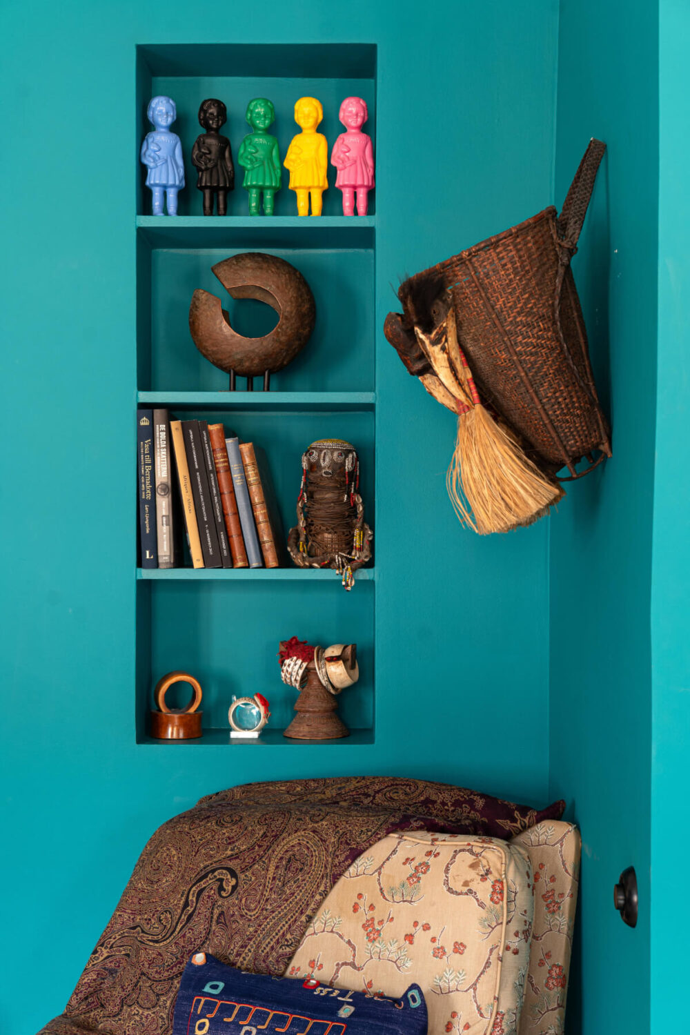 Bold Teal Walls and Antiques in a Turn-of-the-Century Apartment 13 niche built-in shelves