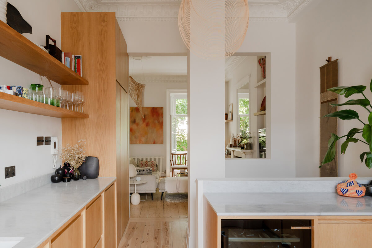 Historic Charm and Modern Design in a Light-Filled Pimlico Apartment 13 open plan living space oak kitchen cabinets