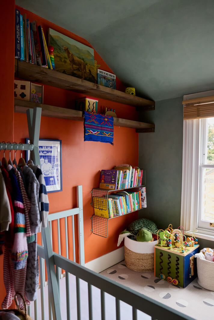 Cozy Living Spaces and Limewash Walls in an Artist's English Home 22 orange feature wall kids bedroom