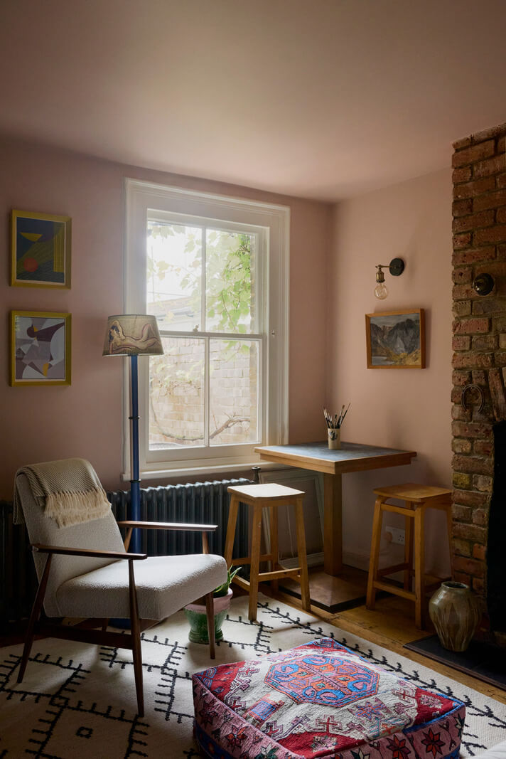 Cozy Living Spaces and Limewash Walls in an Artist's English Home 6 pink sitting room