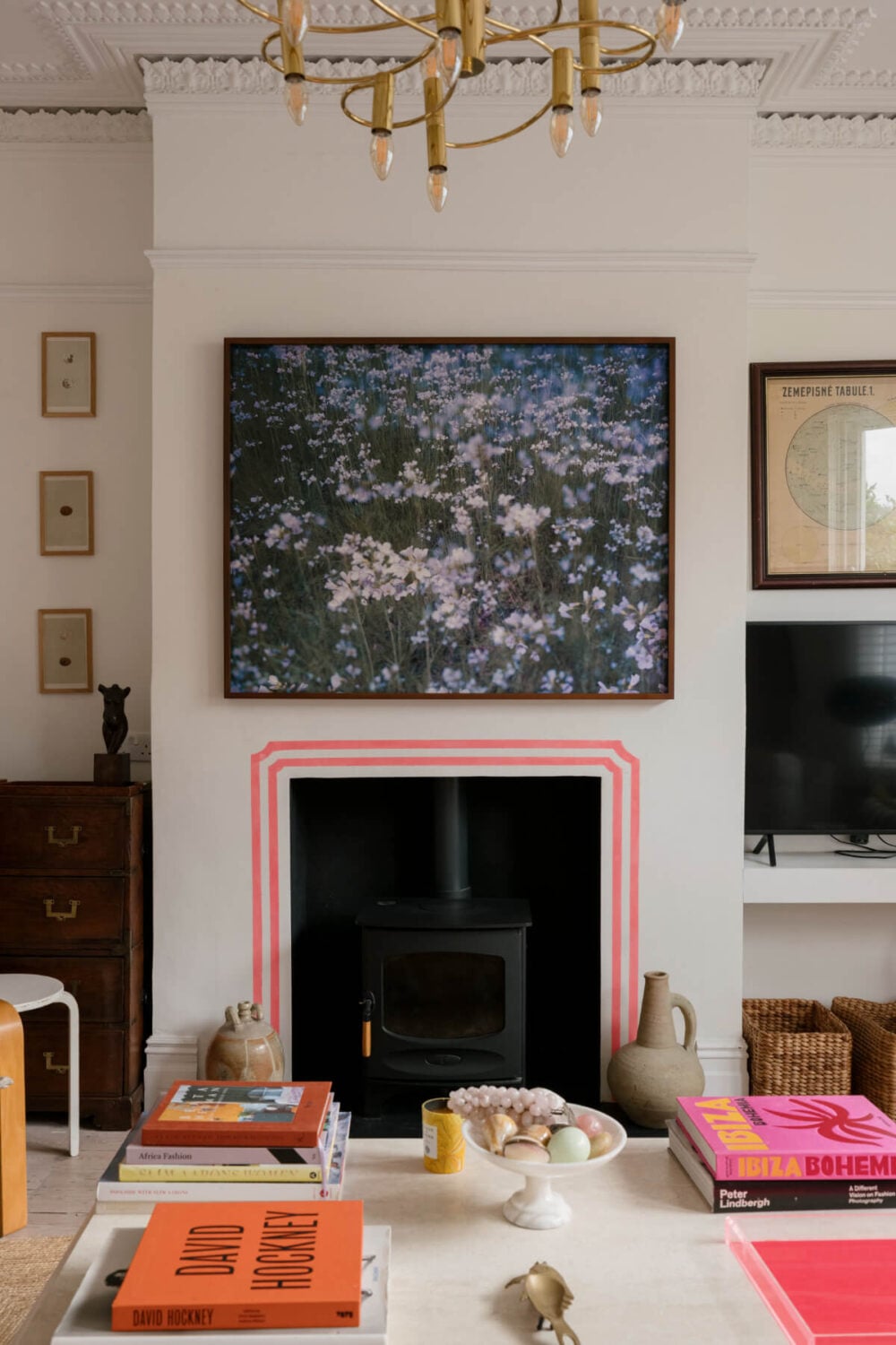 A Victorian Family House with a Tuscan-Inspired Kitchen Extension 4 pink striped fireplace living room
