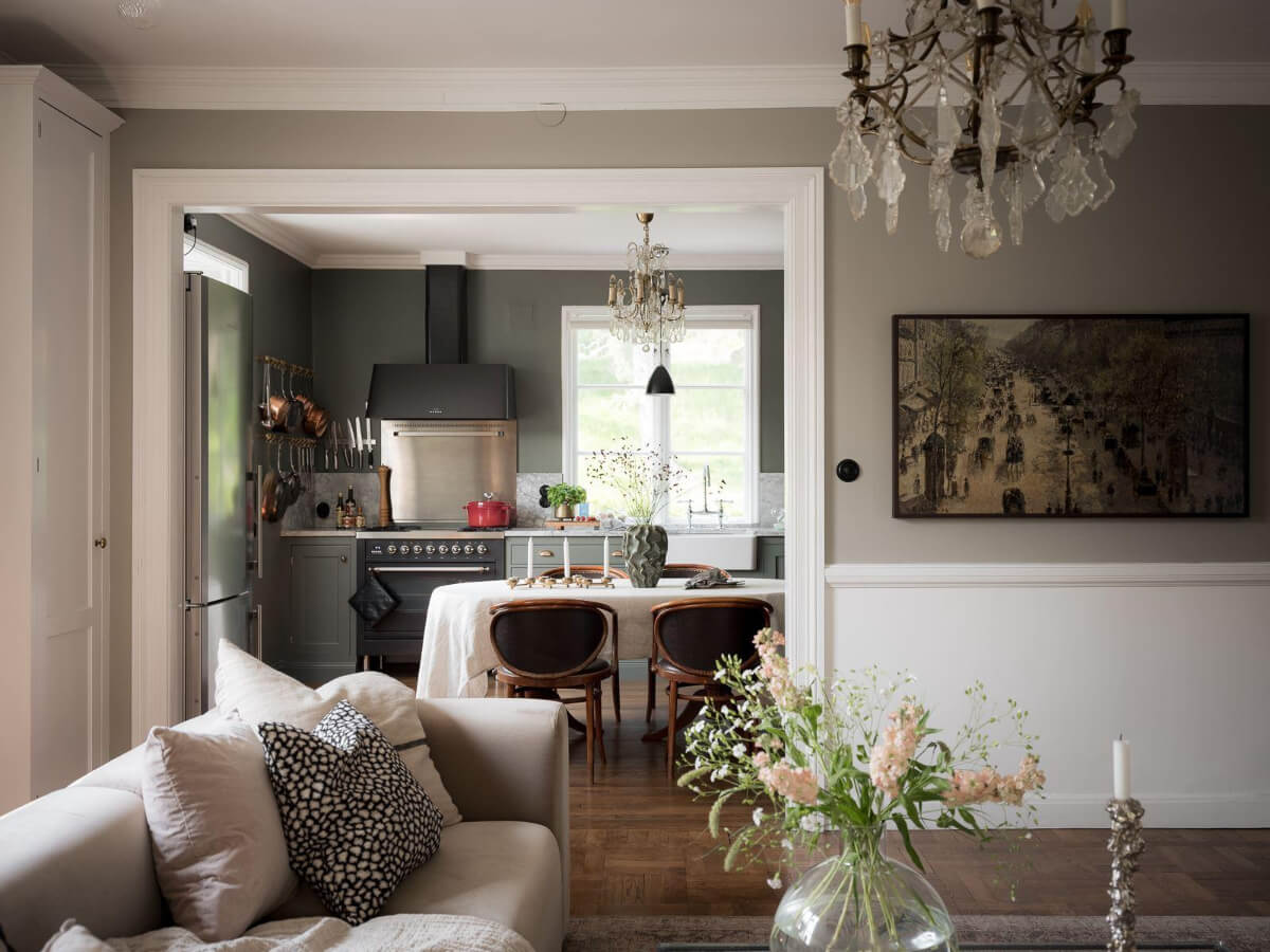 A Floral Painted Ceiling in a 1920s Family Home in Sweden 7 semi-open floorplan living room kitchen