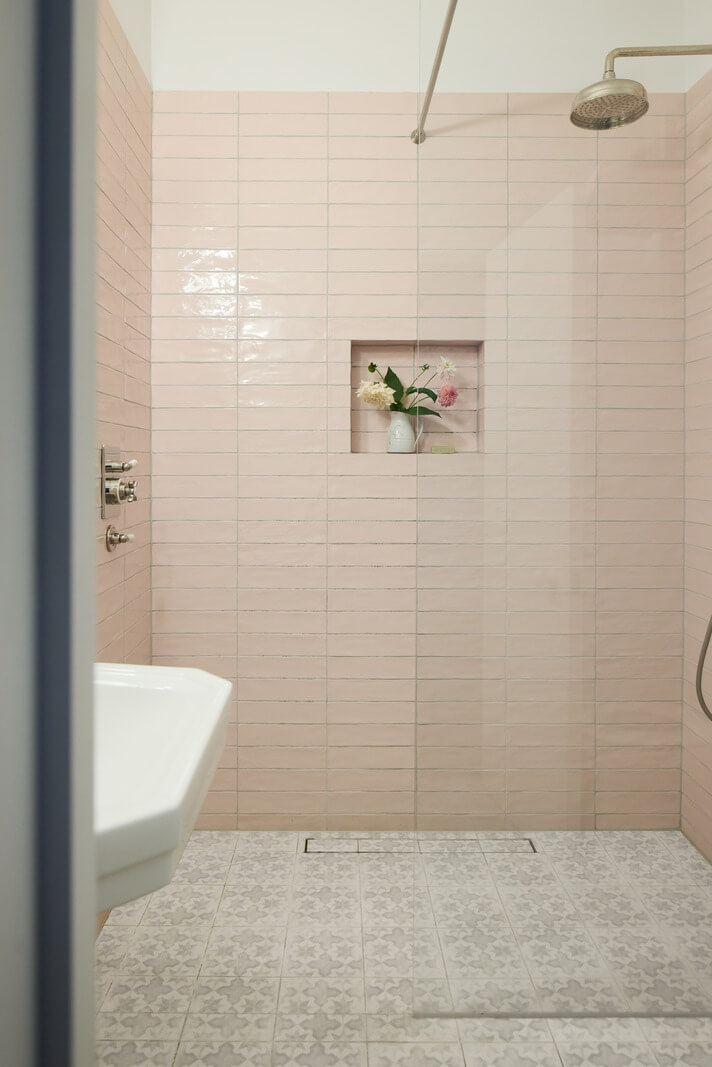 Light-Filled Interiors in a Grand Early Victorian House in Notting Hill 25 shower pink tiles