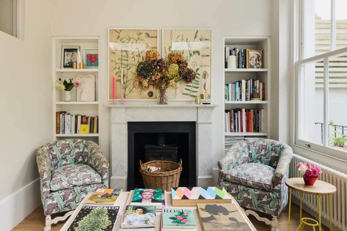 Light-Filled Interiors in a Grand Early Victorian House in Notting Hill 8 sitting room fireplace bookshelves