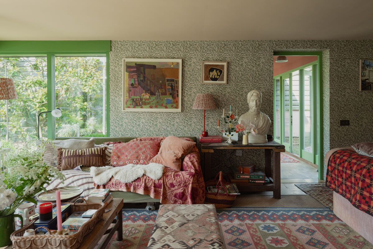 Colorful Interiors and Period Features in a 16th-Century Farmhouse 12 sitting room green william morris wallpaper