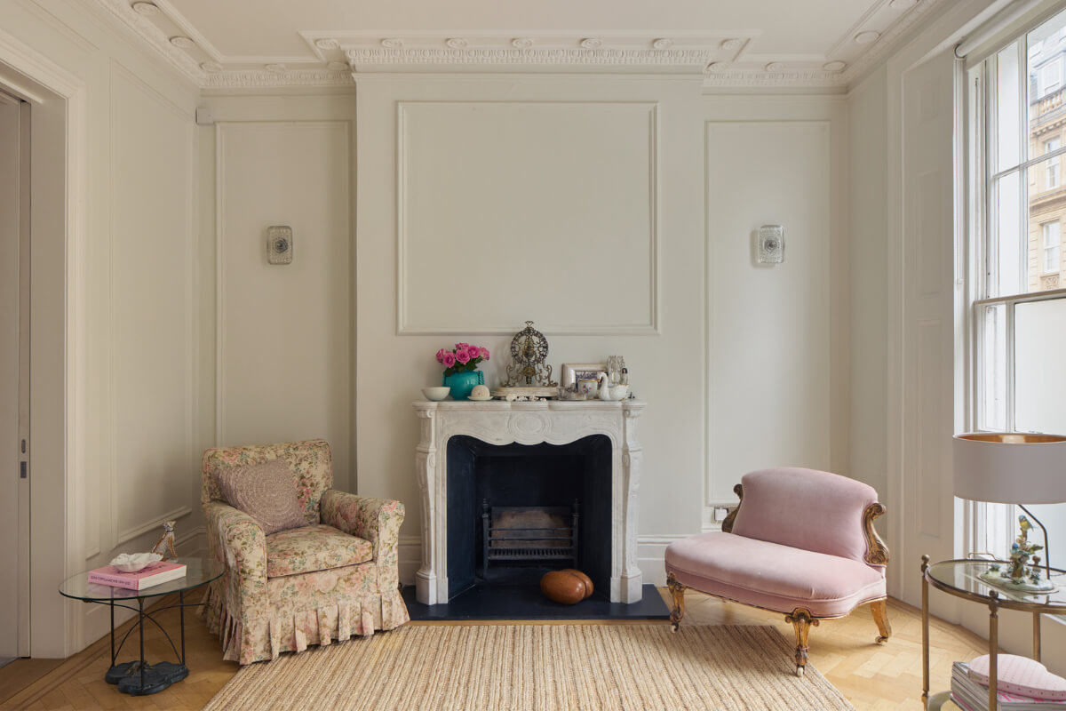 Light-Filled Interiors in a Grand Early Victorian House in Notting Hill 18 sitting room marble fireplace