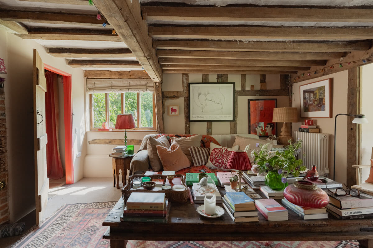 Colorful Interiors and Period Features in a 16th-Century Farmhouse 15 sitting room wooden beams