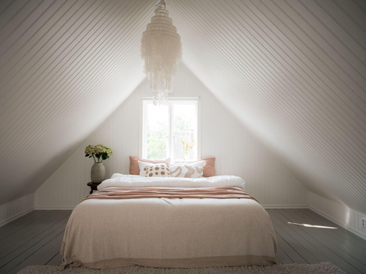 A Floral Painted Ceiling in a 1920s Family Home in Sweden 34 white attic bedroom