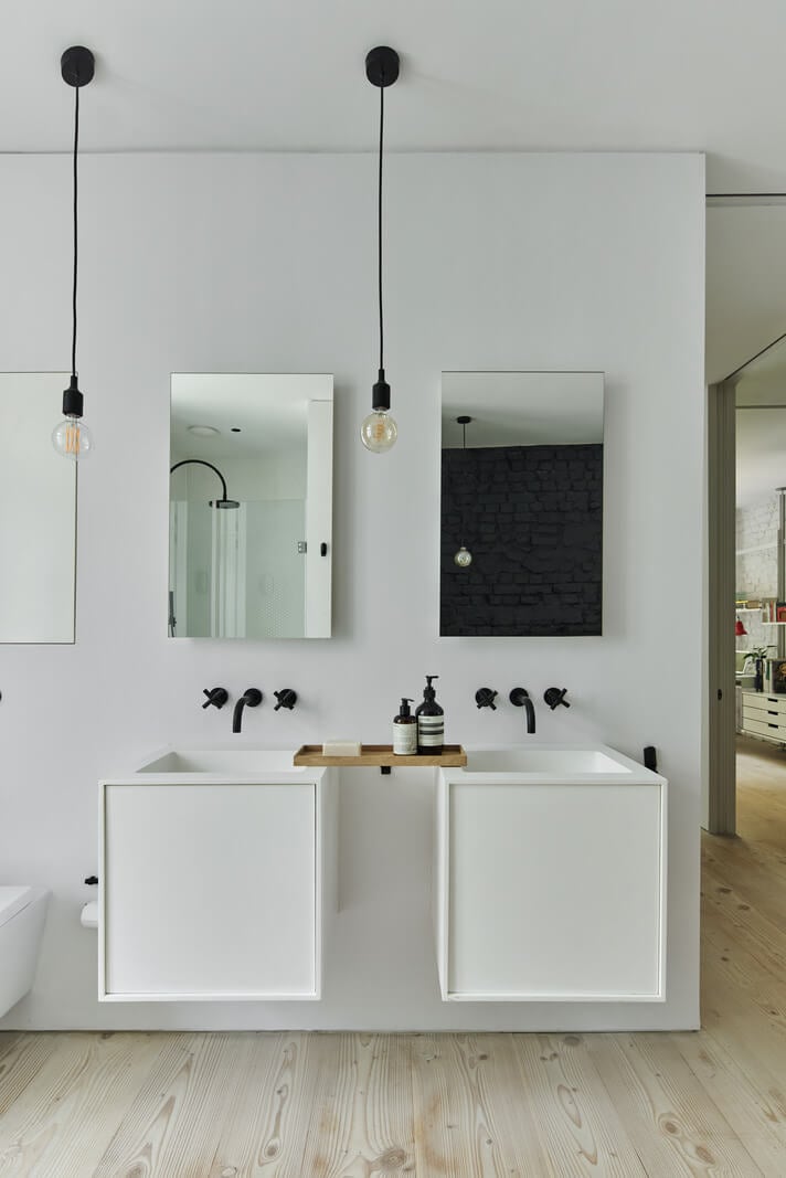 A Black and White Primrose Hill Mews House with a Roof Terrace 15 white bathroom vanities black fittings