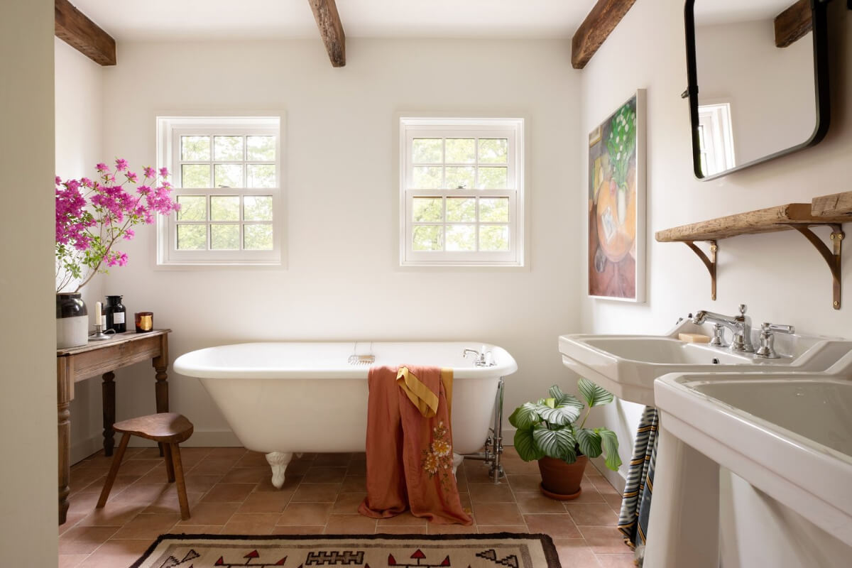 A Reimagined Farmhouse by Corbin Bernsen and Amanda Pays Lists for $4.6 Million 26 bathroom freestanding bath terracotta tiles