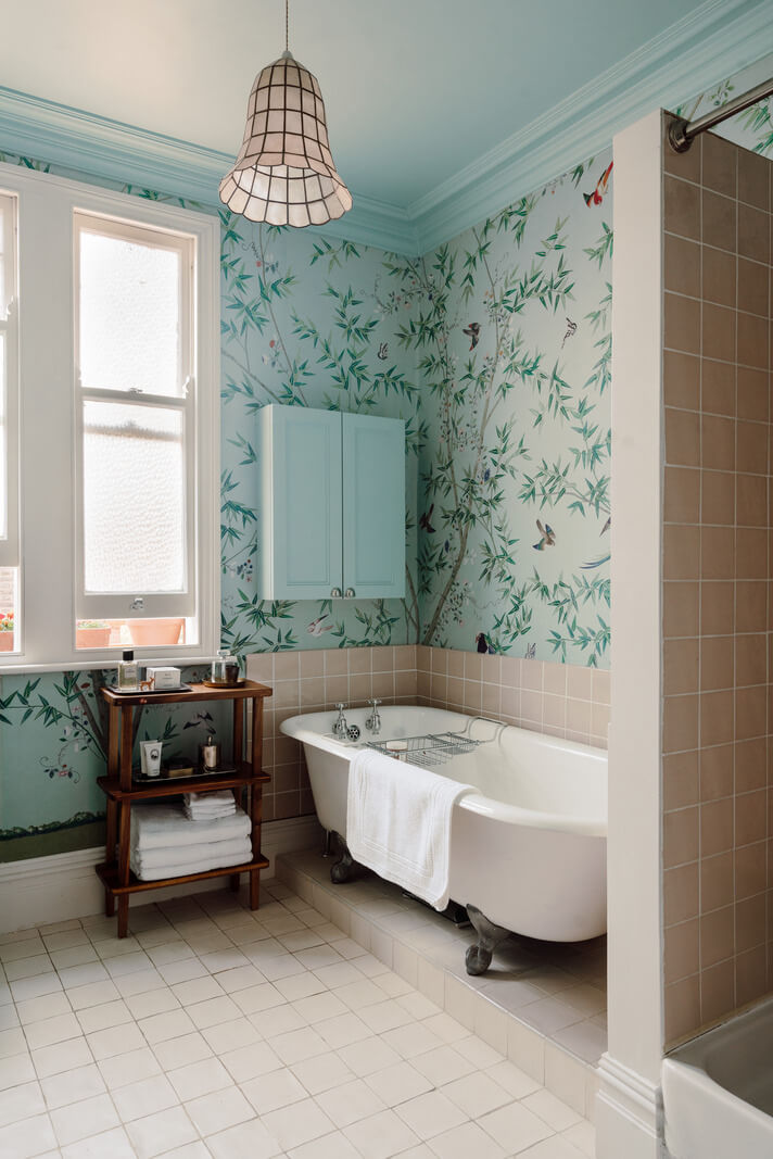 50 Bathroom Wallpaper Ideas Adding Color, Style, and Expression 45 bathroom freestanding bath wallpaper