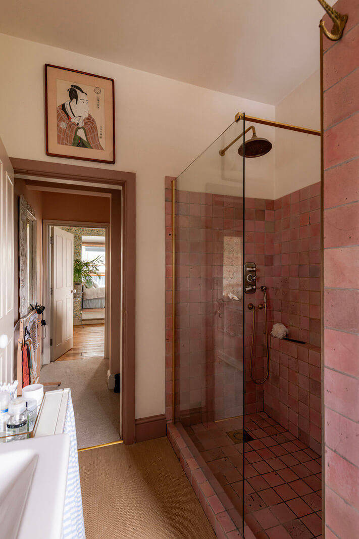 A Colorful Eclectic Victorian Maisonette Home in England 27 bathroom walk-in shower pink tiles