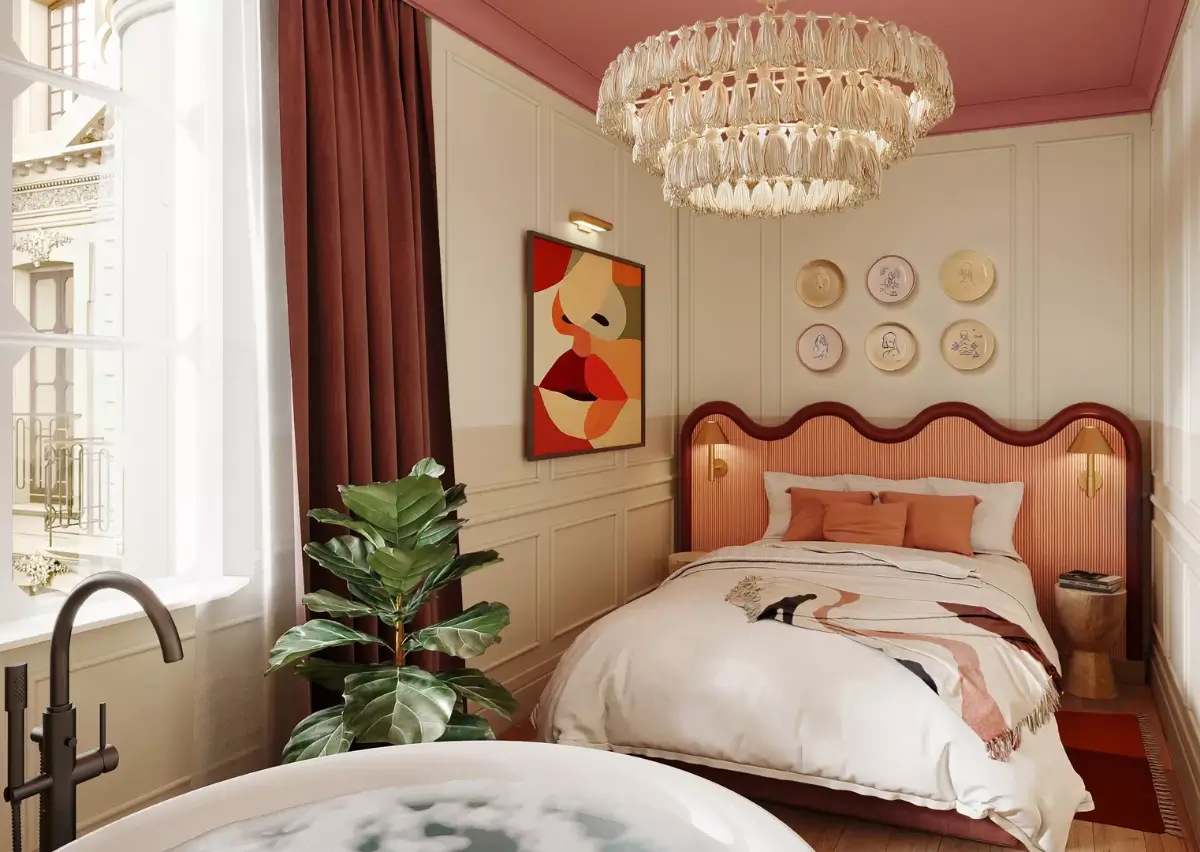 Where To Stay in the Latin Quarter of Paris 6 bedroom pink ceiling wavy headboard le jardin de verre hotel paris nordroom Where To Stay in the Latin Quarter of Paris