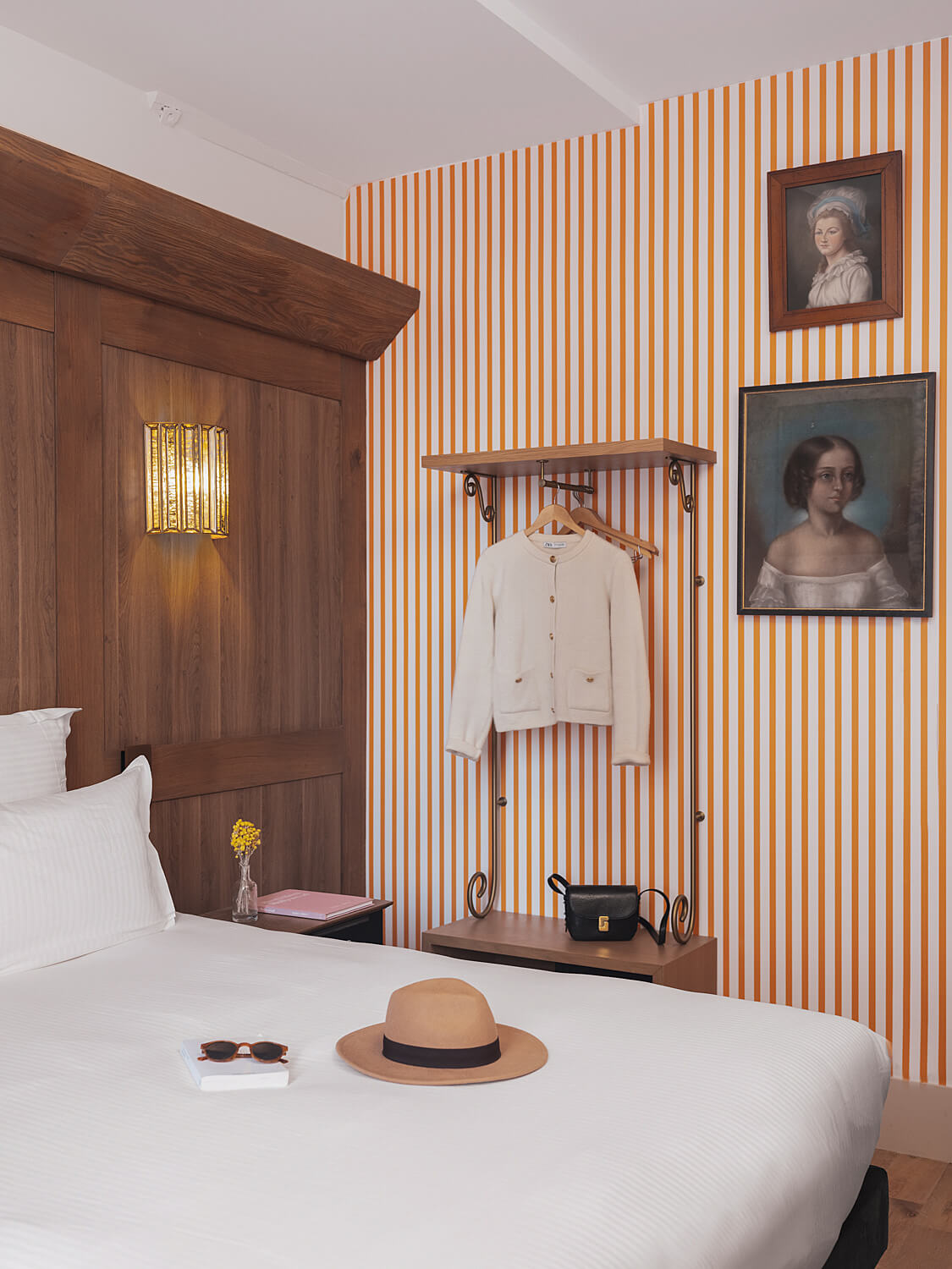 Where To Stay in the Latin Quarter of Paris 21 bedroom wood paneling striped wallpaper hotel madeleine de senlis paris latin quarter nordroom Where To Stay in the Latin Quarter of Paris