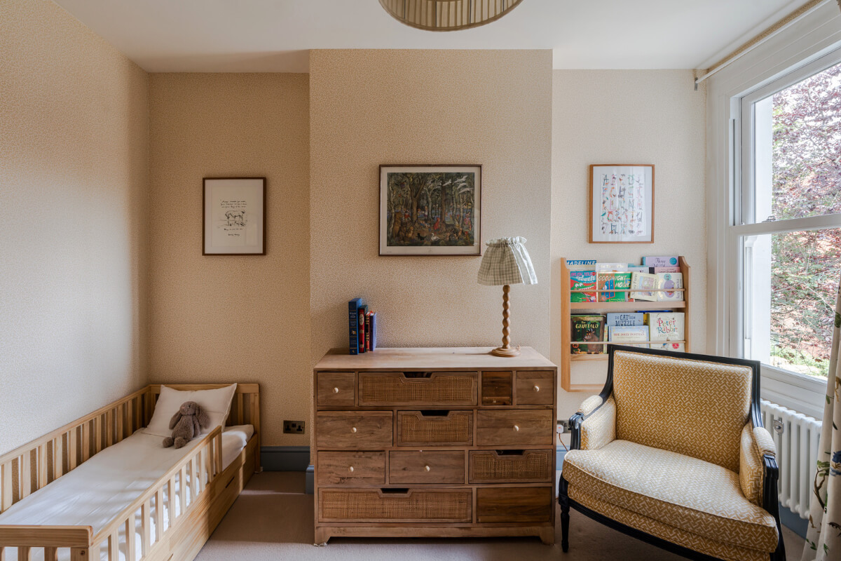 Color, Pattern, and Texture in a Renovated London Townhouse 16 calm kids bedroom beige wallpaper