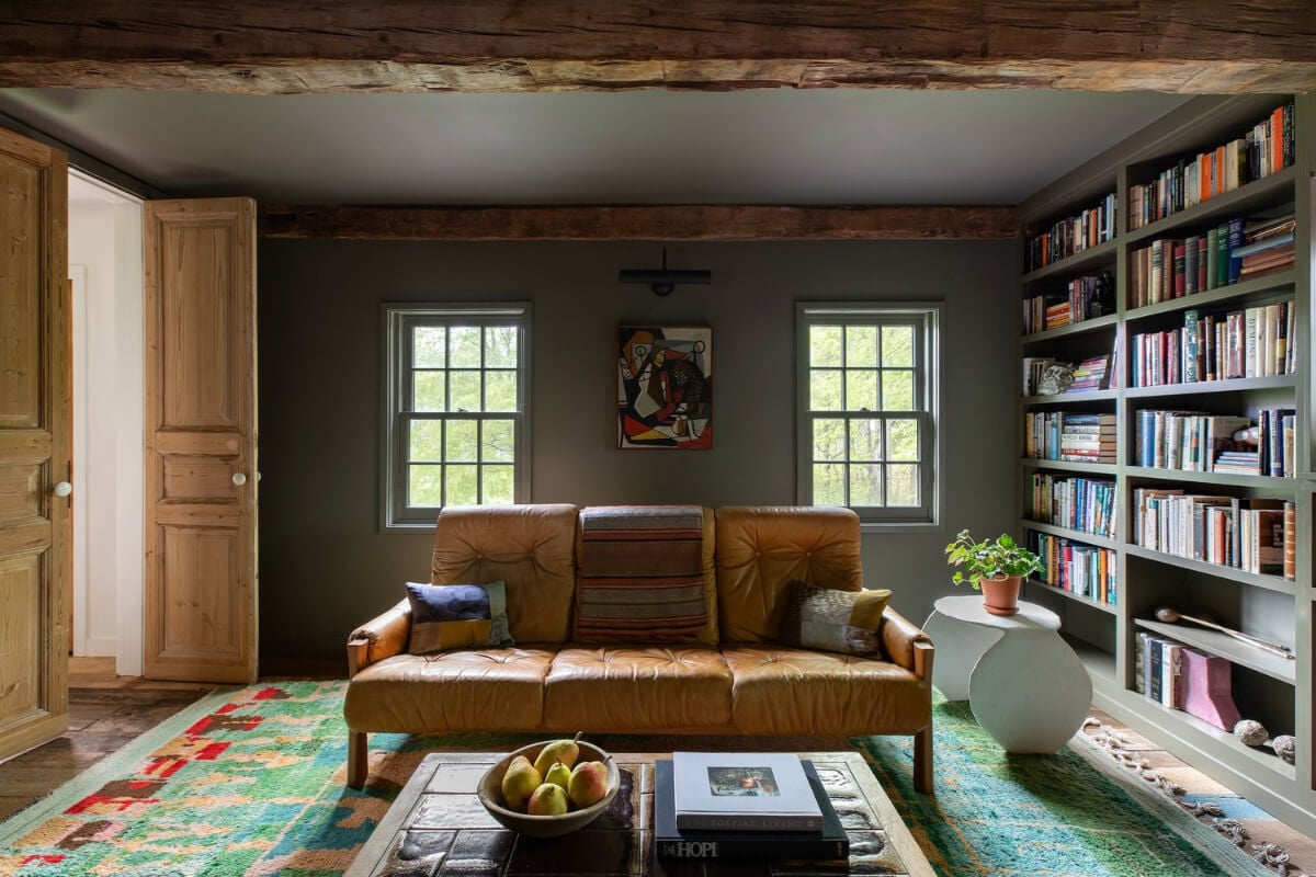 A Reimagined Farmhouse by Corbin Bernsen and Amanda Pays Lists for $4.6 Million 9 dark gray library room wooden beams