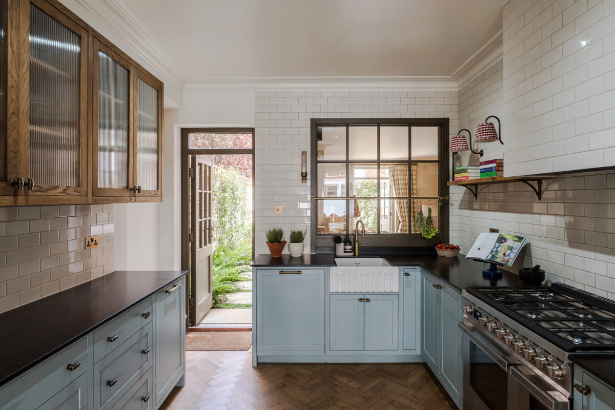 Color, Pattern, and Texture in a Renovated London Townhouse 6 dove blue kitchen cabinets metro tiles