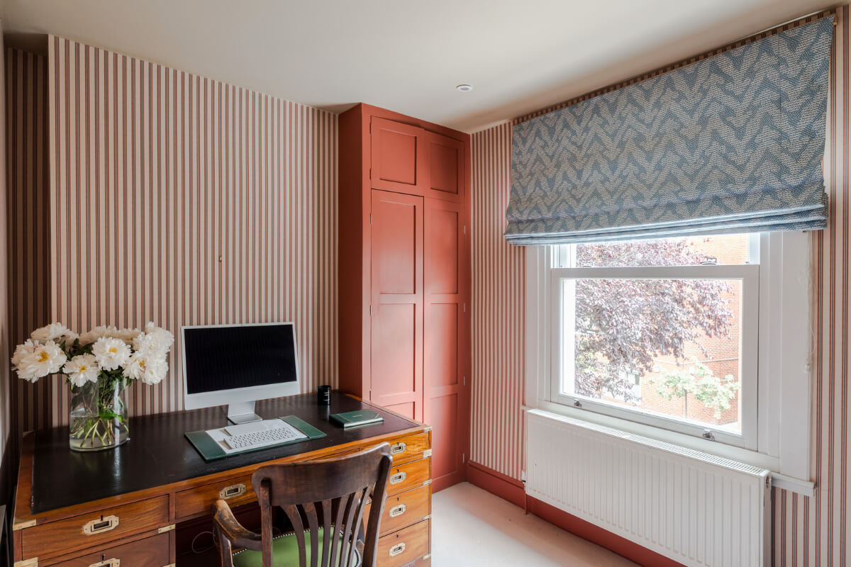 Color, Pattern, and Texture in a Renovated London Townhouse 17 home office antique desk striped wallpaper