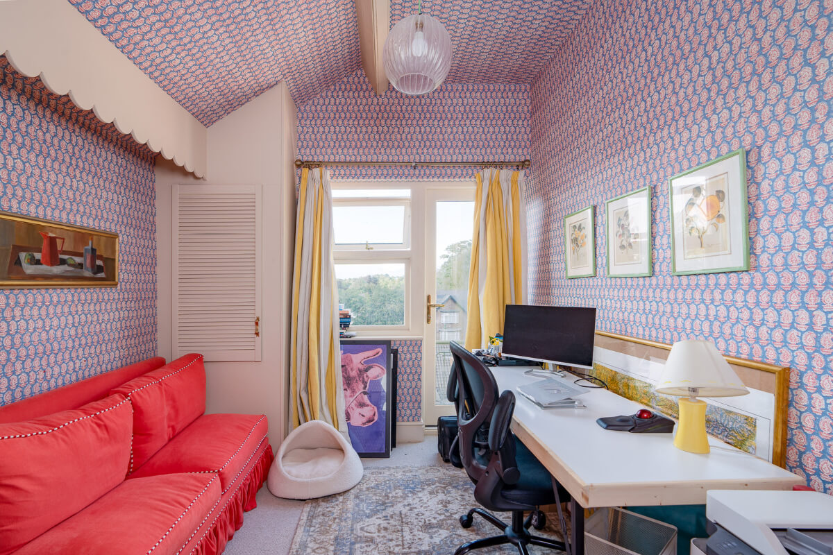 A Colorful Eclectic Victorian Maisonette Home in England 26 home office with blue wallpaper