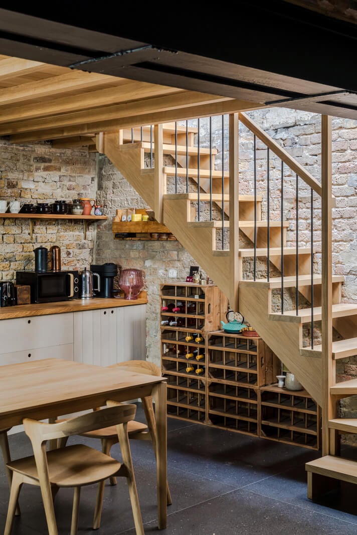 An Industrial Mews House with a Sebastian Cox deVOL Kitchen 6 kitchen detail wooden staircase