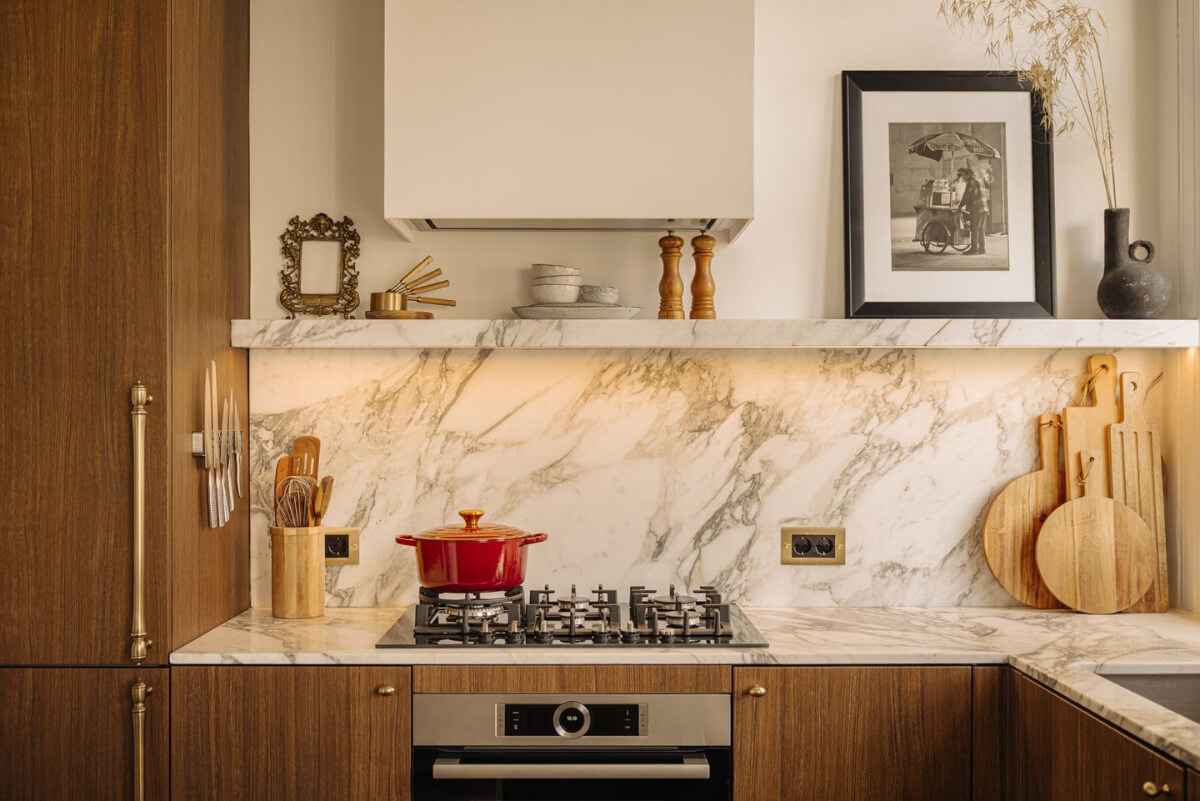 A Luxurious Parisian-Inspired Apartment in Amsterdam 11 kitchen marble countertop shelf
