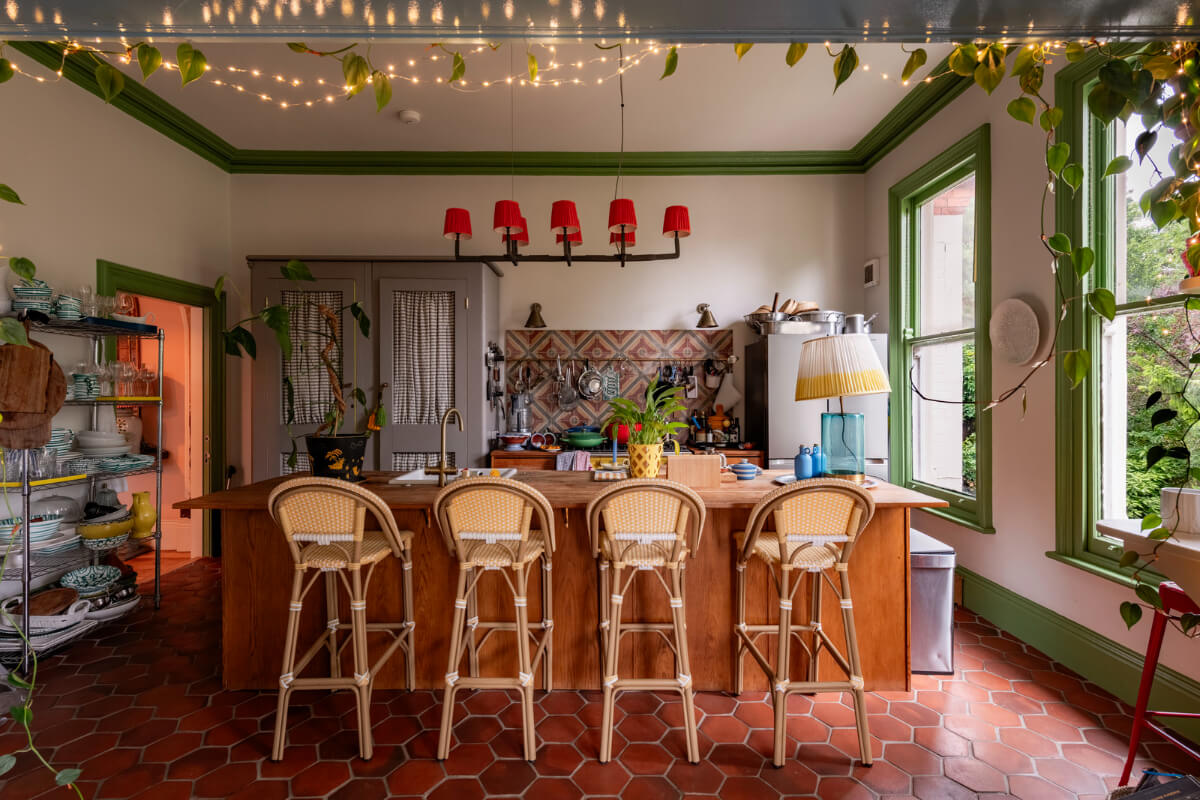 A Colorful Eclectic Victorian Maisonette Home in England 5 kitchen terracotta hexagon floor tiles kitchen island