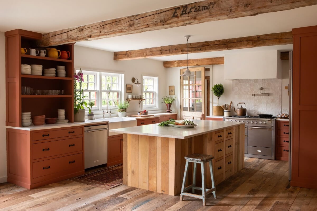 A Reimagined Farmhouse by Corbin Bernsen and Amanda Pays Lists for $4.6 Million 11 kitchen with terracotta colored cabinets butler sink
